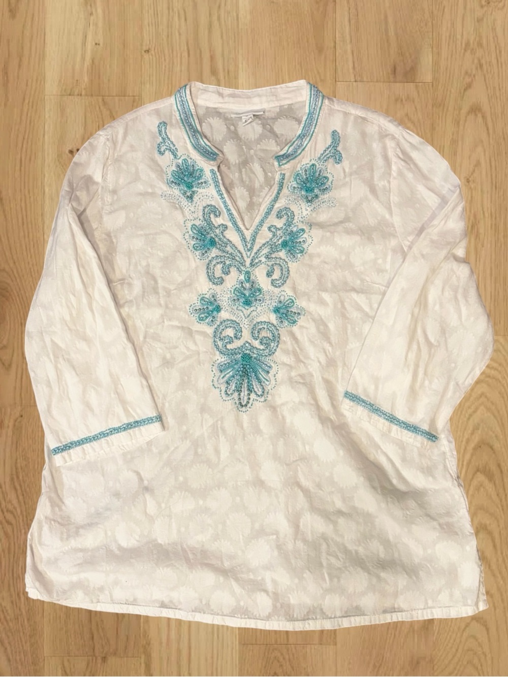 Charter Club XL White Tunic Top Turquoise Beaded Embroidered Boho 3/4 Sleeve